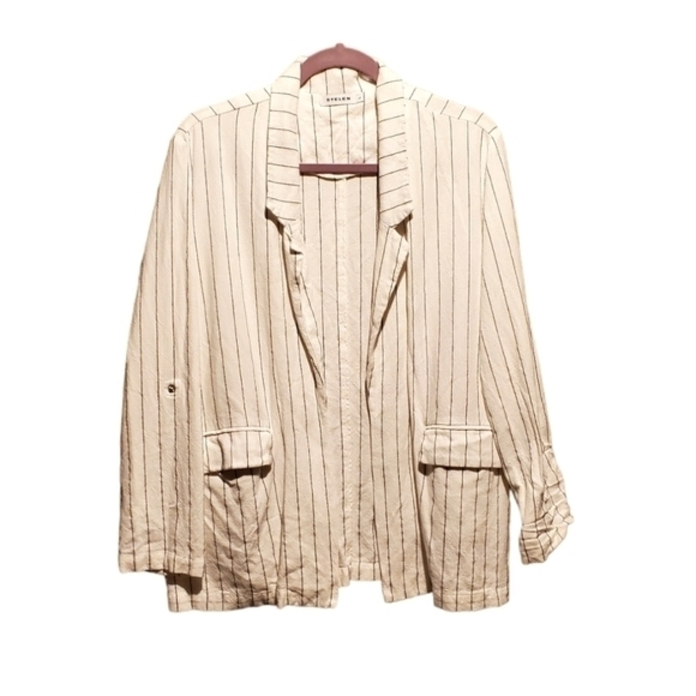 Stelen White Cotton Linen Open Blazer Jacket Roll Tab Sleeves‎ Pinstripe Large